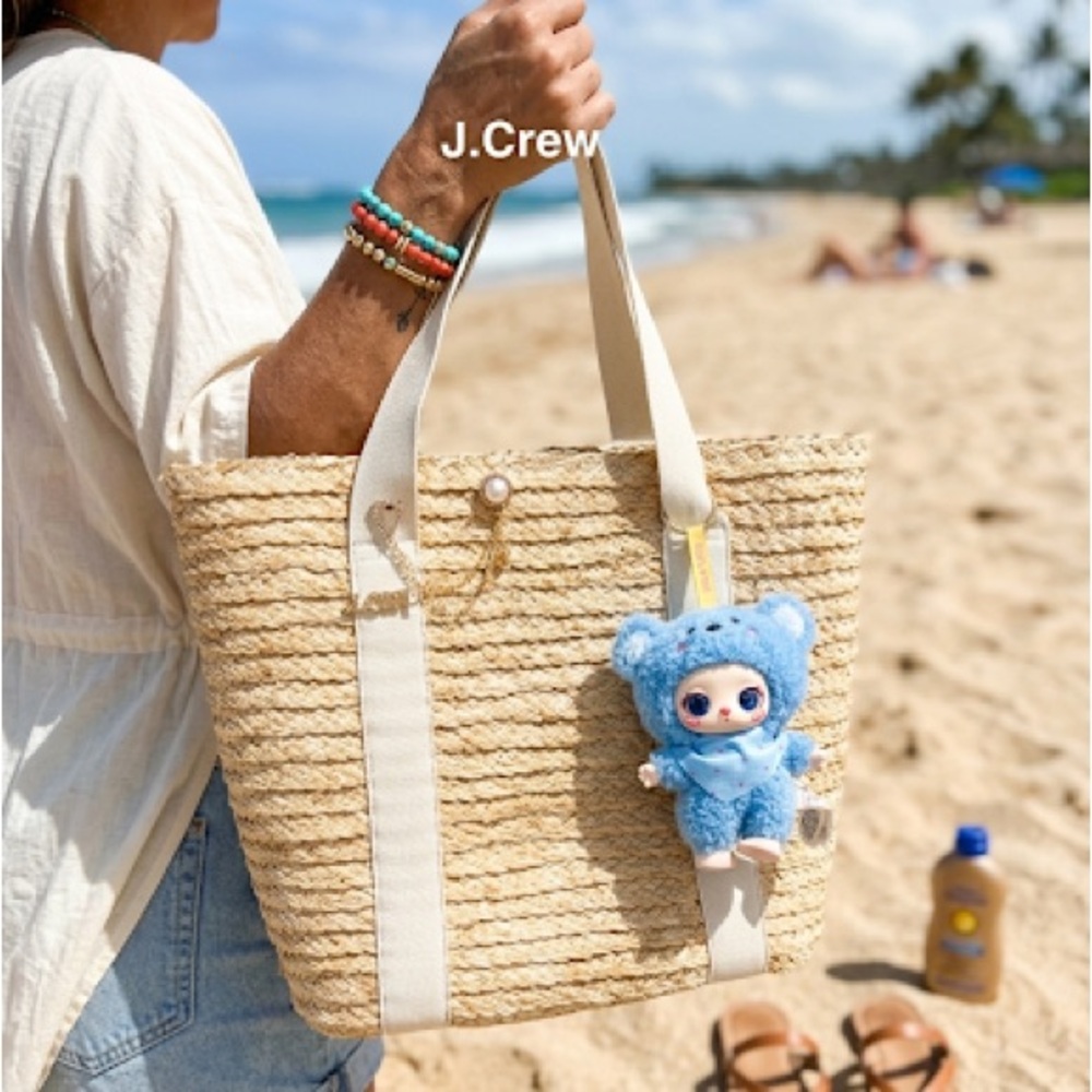 J. Crew Straw Tote with Cream Straps and Light Blue Doll Charm